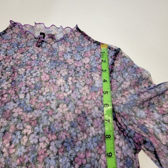 Sheer Purple High Neck Long Sleeve Floral Print Blouse Top Size L - Picture 11 of 13